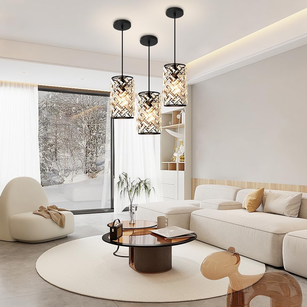 Black Pendant Lights Kitchen Island, Mini Crystal Modern Kitchen Pendant Lighting Over Sink with 10.2" Clear Glass Shade Chandeliers, Adjustable Pendant Light Fixture for Dinning Room Bedroom Entryway