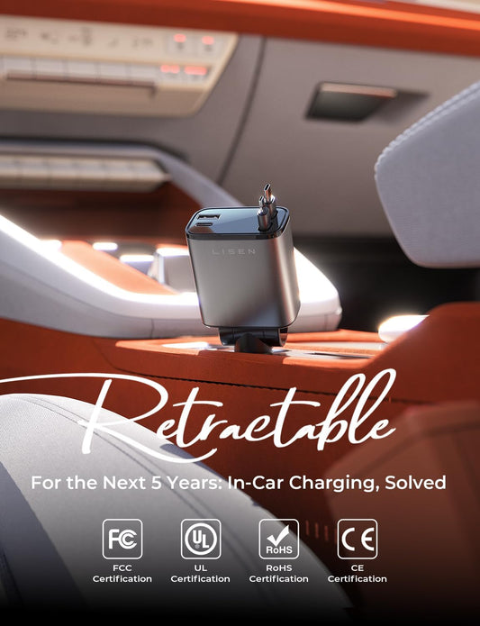 LISEN Retractable Car Charger USB C [Upgraded Dual Type C] 75W Fast 4 in 1 Car Charger for iPhone 17, Road Trip Essentials Gifts for Men Women, Car Accessories for Galaxy S26 Phone 17e 16 15 Pro Max