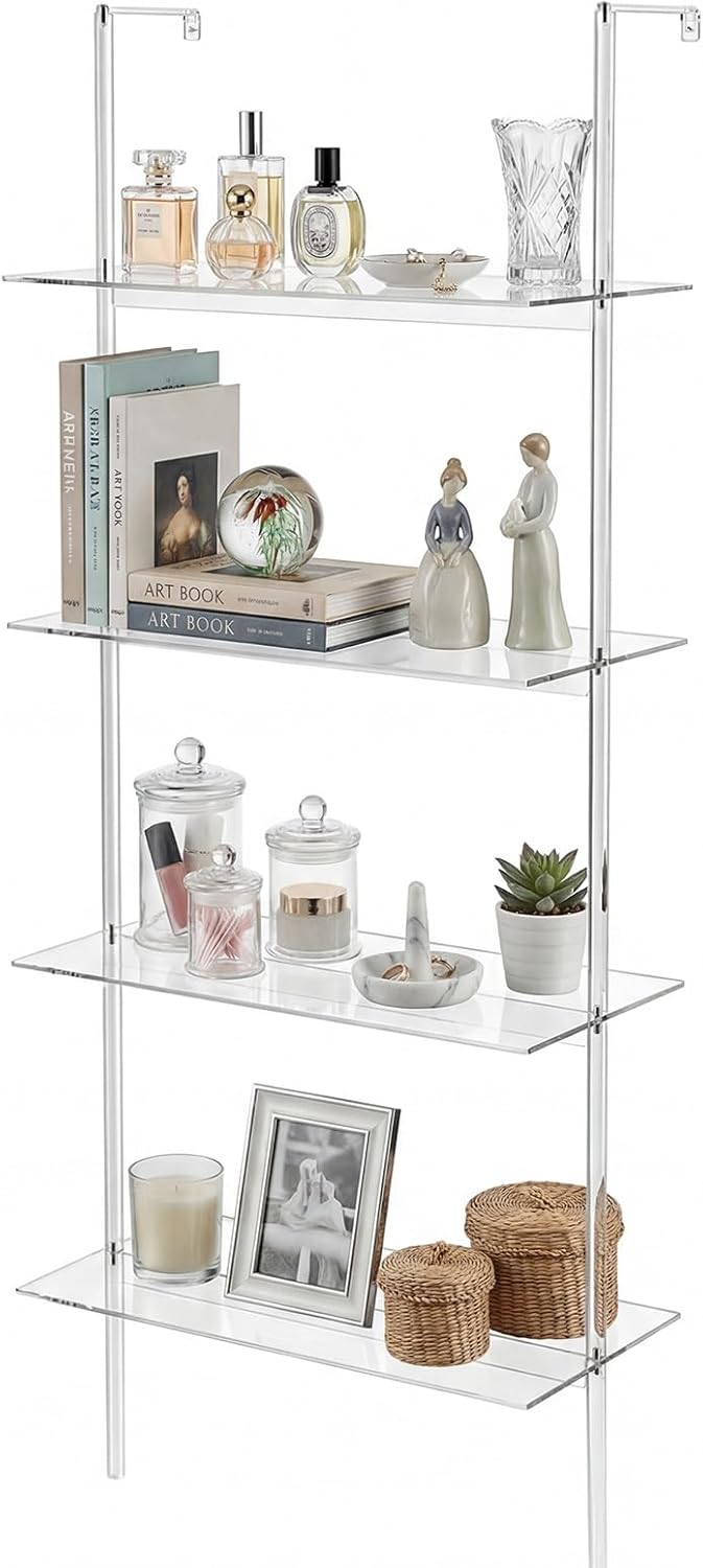 Acrylic Ladder Bookshelf Clear Wall Mounted Book Shelf 11.6" D X 23.4" W X 59.4" H, 4 Tier Shelf Sturdy Open Display for Living Room Bathroom Office