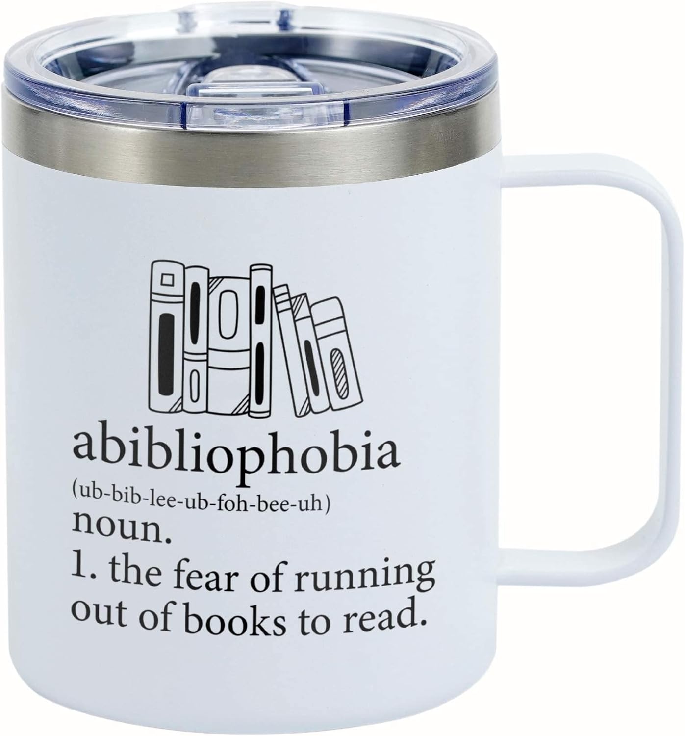 Onebttl Book Lovers Gifts For Women, Men - Abibliophobia - 12 oz /350 ml Insulated Mugs - Reading Gift for Book Worm, Librarians, Readers - (White)