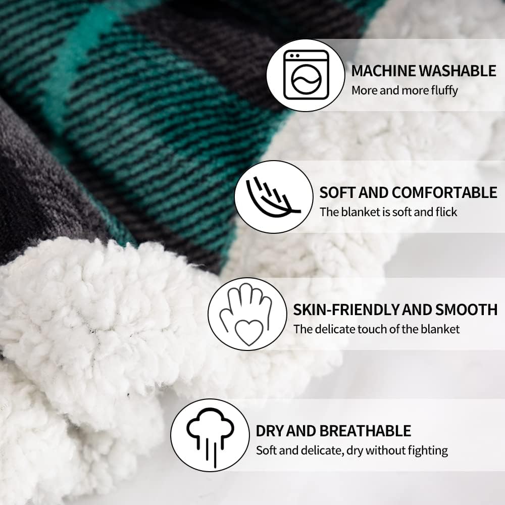 Gealaek Sherpa Throw Blanket Green Buffalo Plaid Blanket Fuzzy Soft Warm Cozy Reversible Microfiber Throw for Couch Sofa Bed Office Camping 50"x60"
