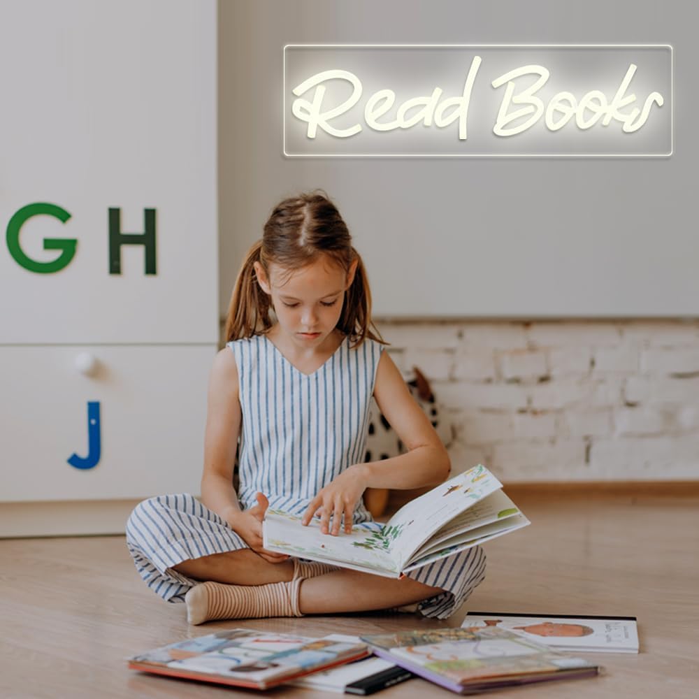 Read Books Neon Sign LED Neon Lights Dimmable USB Powered Book Lovers Words Quotes Sign Kid Room Light Wall Art for Library Classroom Reading Corner Decor 16"x4.23"