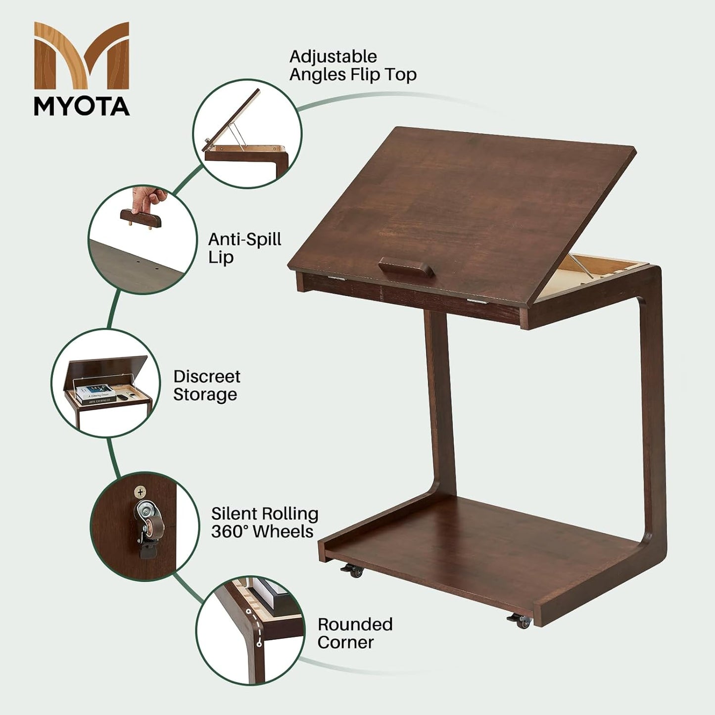 C Shaped End Table with Wheels - Solid Wood Rolling C Shape Small Side Table for Couch, Wooden Tv Tray Bedside Tables for Sofa Living Room Bedroom, Brown, 15.4 in x 23.6 in x 24.8 in