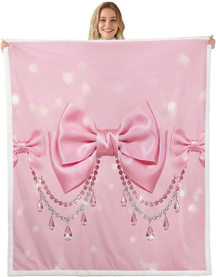 Feelyou Cute Bow Sherpa Throw Blanket for Couch Princess Bowknot Super Soft Cozy Fleece Pink Blanket for Winter, Plush Throw Throw 50"x60" All Season