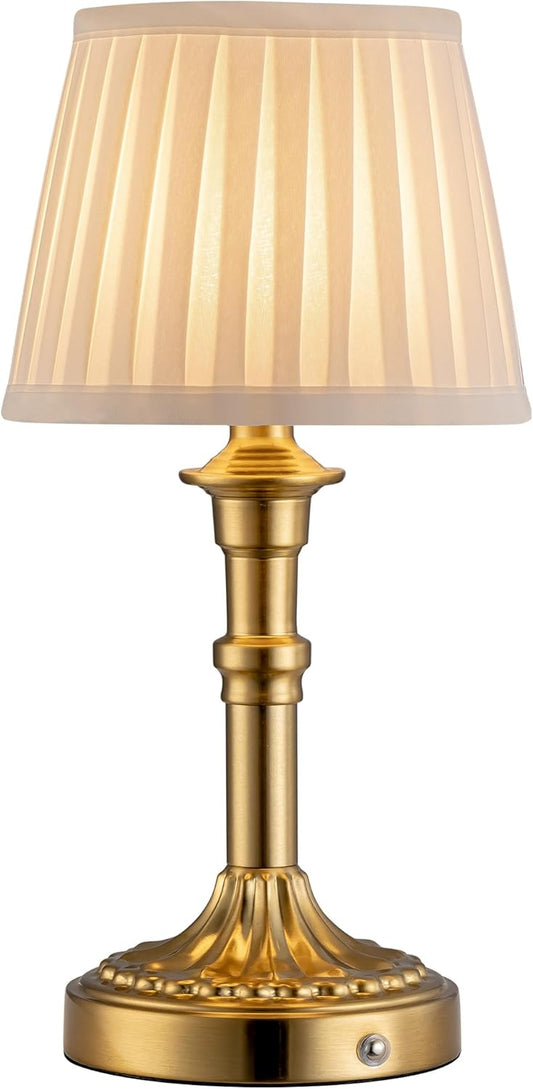 KDG Cordless Portables Table Lamp, LED Fabric Shade Small Desk Lamps, 4000mAh Battery Powered Lighting, 2700K Stepless Dimmable Light for Living Room, Dining Room, Bedroom, Bedside (Gold)