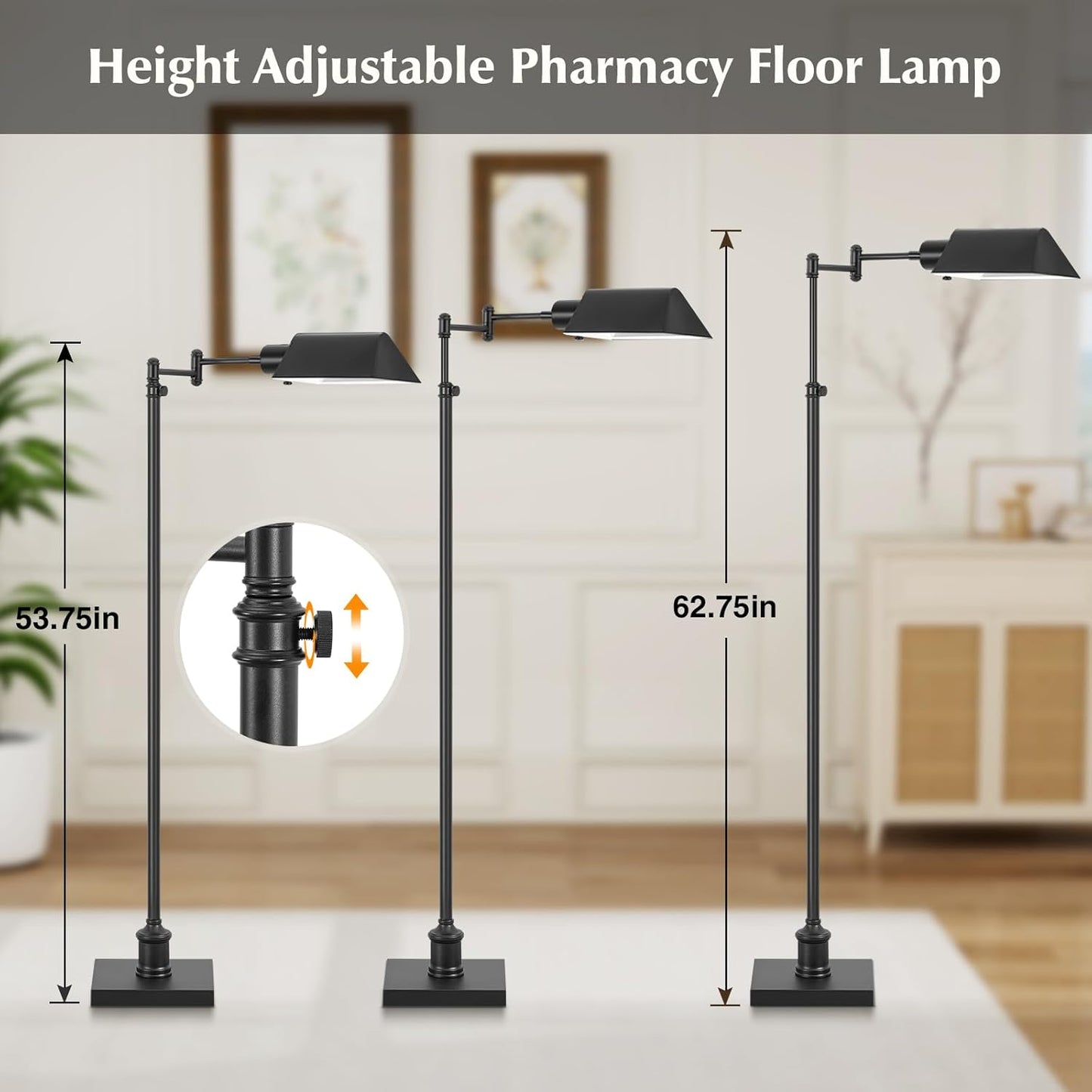 GyroVu Traditional Height Adjustable Pharmacy Floor Lamp with 350° Swing Arm, Color Temperature Adjustable Standing Lamp Metal Shade for Living Room Reading House Bedroom Home Office(Black)