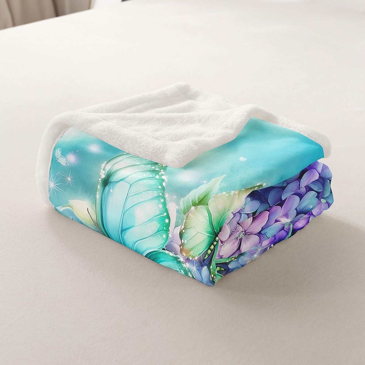 Teal Butterfly Fleece Blankets,Romantic Purple Hydrangea Flowers Throw Blanket for Sofa Adults,Watercolor Spring Floral Garden Paint Soft Blanket Bed Couch,Queen (90 x 90 Inches)