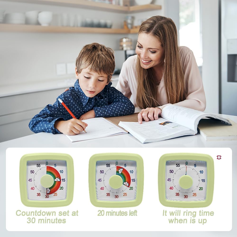 Green Visual Timer 60 Minute Countdown Timer Desk Timer Kids Time Management Tools with Quiet Operation Pomodoro Timer for Home Kitchen Classroom