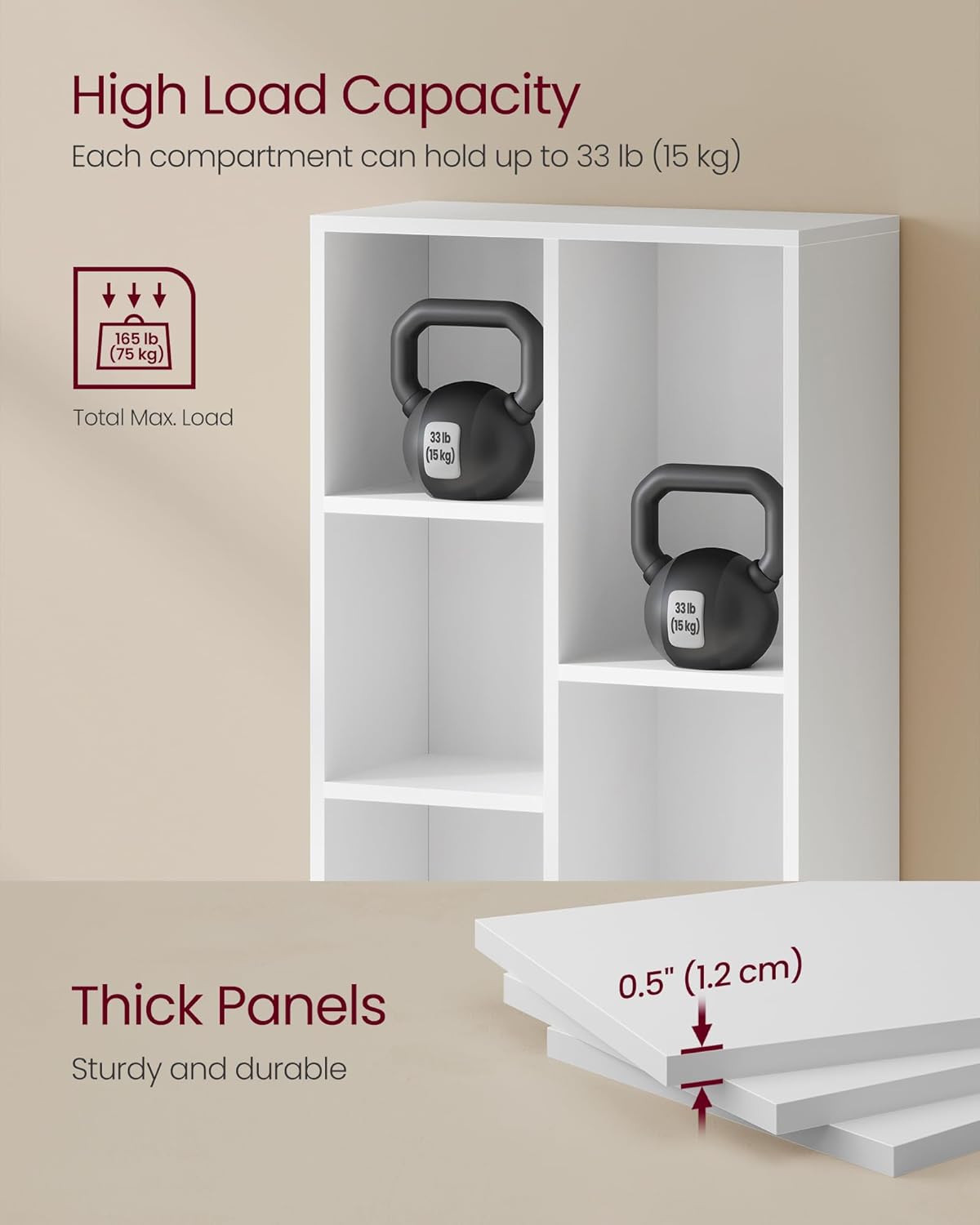 VASAGLE CUSTOS Collection - Bookshelf, Bookcase, Cube Shelf with 5 Compartments, 9.4 x 19.7 x 31.6 Inches, Storage Shelf, for Living Room, Home Office, Dining Room, Cloud White ULBC25WT