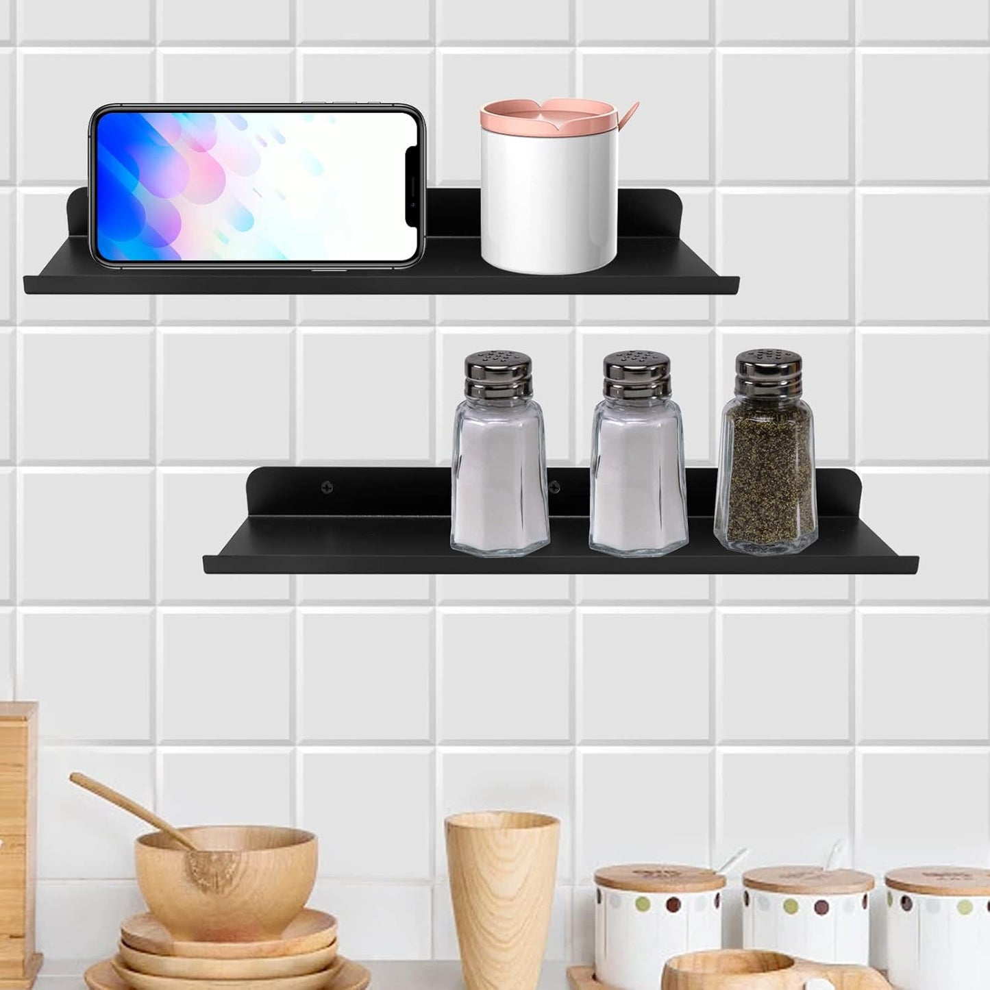 Anxingo Floating Shelves Wall Mounted Bathroom Shelf, Metal Wall Mounted Small Display Shelves, Floating Wall Shelves Shelf Display Storage Wall Mount Home Decor, Matte Black, 2 Pack (16.14" x 3.9")
