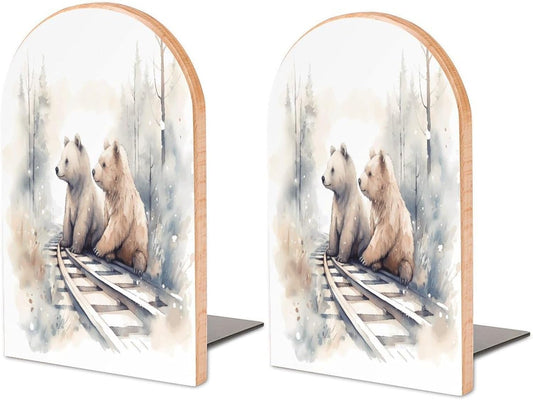 Bear on Train Tracks Bookend for Shelves Wooden Book End Large Size Sturdy Book Holders Stoppers with Metal Base for Bookshelves Slick Decorative Bookends Stands