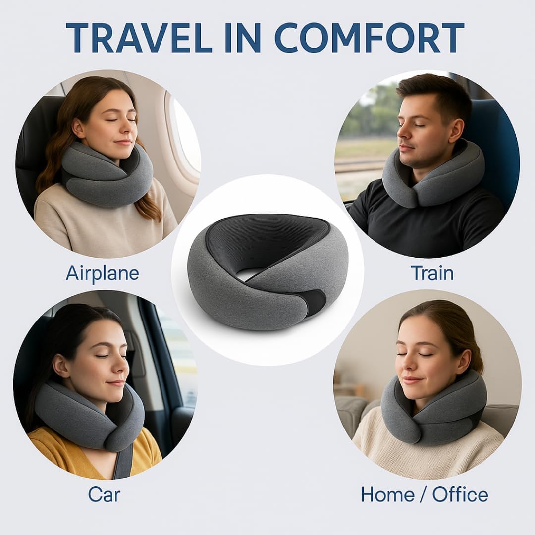 Travel Neck Pillow with Memory Foam & Chin Support – Includes Cute Macaron EVA Water-Resistant Carry Case, Eye Mask & Ear Plugs (Light Grey)