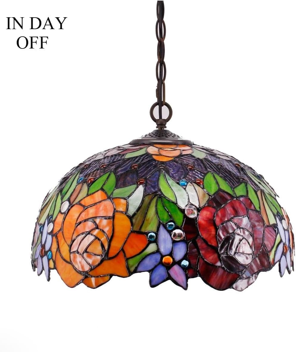 WERFACTORY Tiffany Pendant Light Fixture Red Yellow Rose Stained Glass Hanging Lamp Wide 16 Inch, Height 40 Inch S001 Series