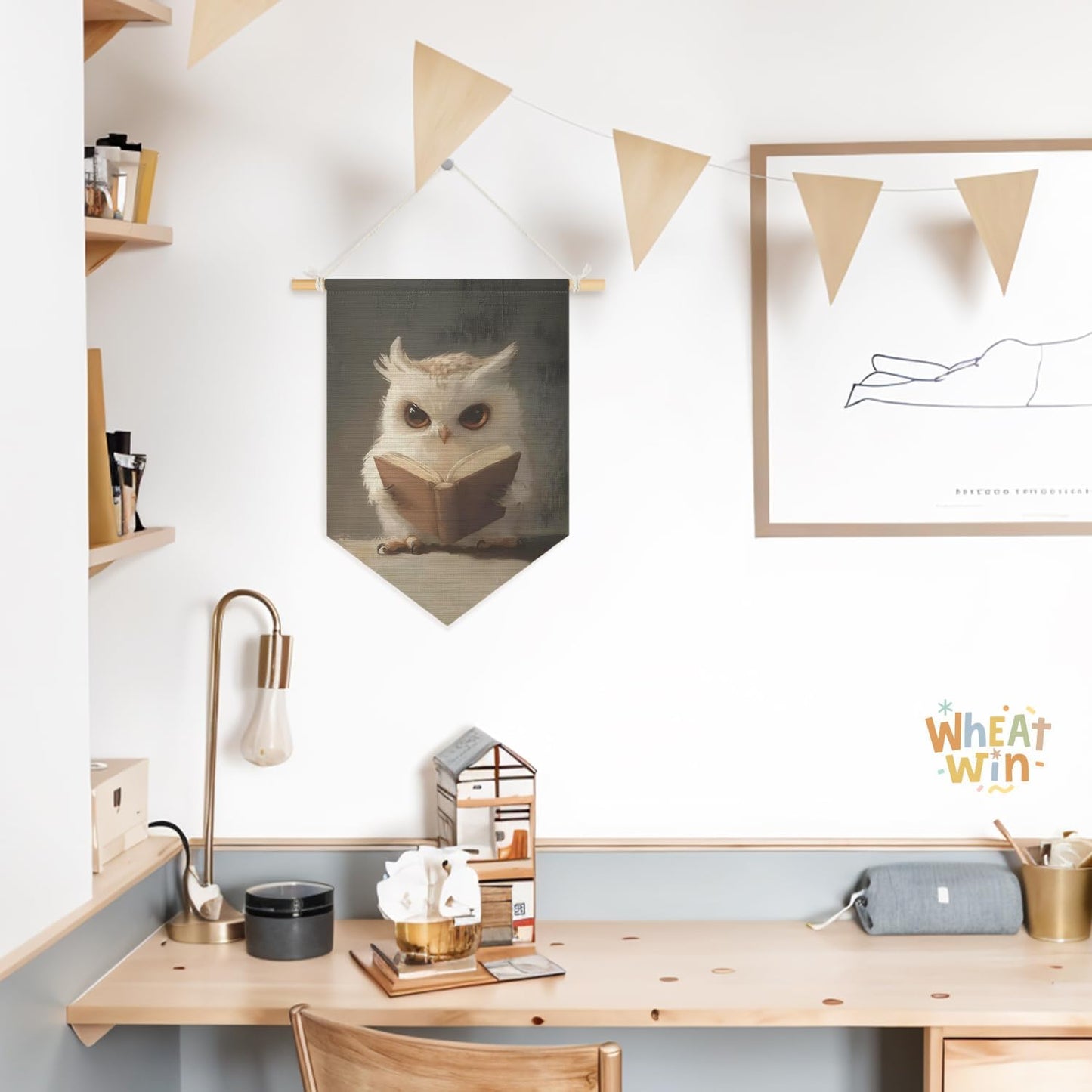Wheatwin Kids Room Decor, Cute Owl Reading Book Wall Hanging Pennant Flag Banner, Owl Wall Decor for Boys Girls Toddler Nursery Reading Corner Nook Room Bedroom Classroom 15x11 Inch
