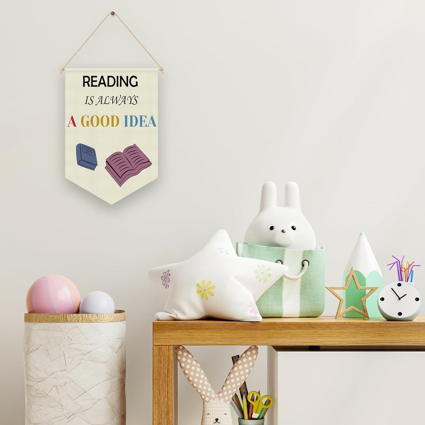 Reading Corner Decor Canvas Banner Kids Reading Decor Classroom Library Playroom Wall Art Decors Hanging Pennant Flag Banner for Nursery Toddler Kindergarten Kids Room Wall Decors