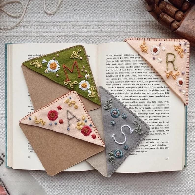 MOTEERLLU Personalized Hand Embroidered Corner Bookmark with A-Z Initial, Cute Book Markers for Reading Women, Book Lovers Gifts for Friends Mom & Teachers, 3.74"(Fall-j)