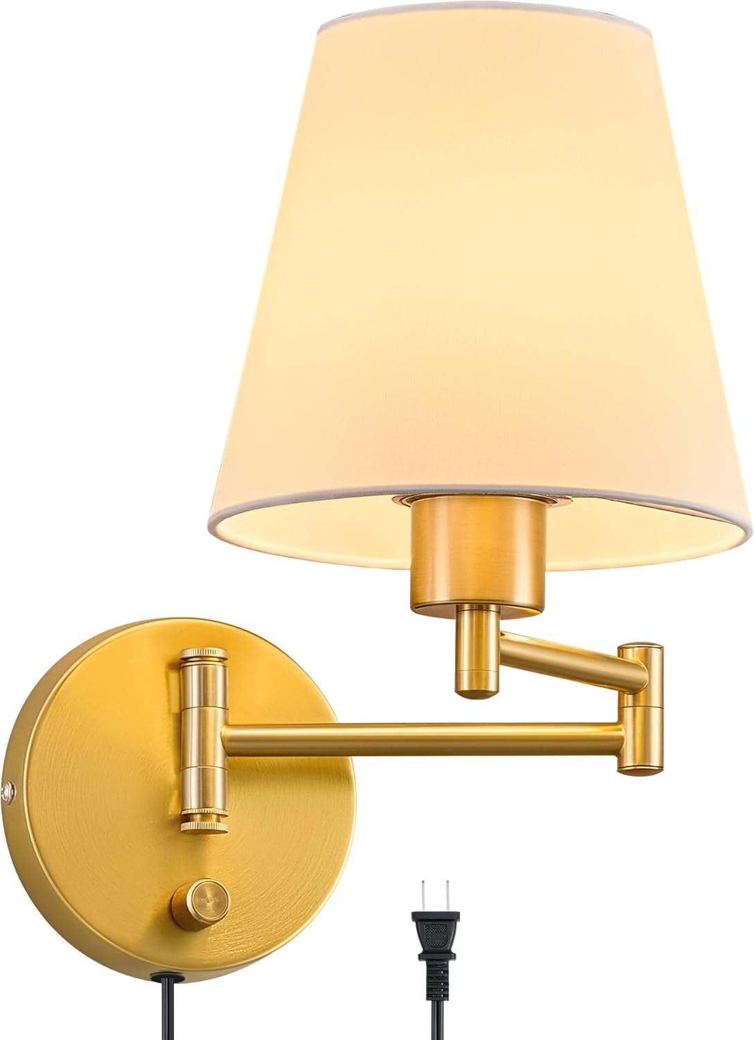 VONLUCE Swing Arm Wall Lamp, Plug in & Hardwired Wall Sconce, Adjustable Wall Mounted Lighting Fixture, Modern Wall Light with Golden Base White Fabric Shade for Bedside, Hallway, Reading