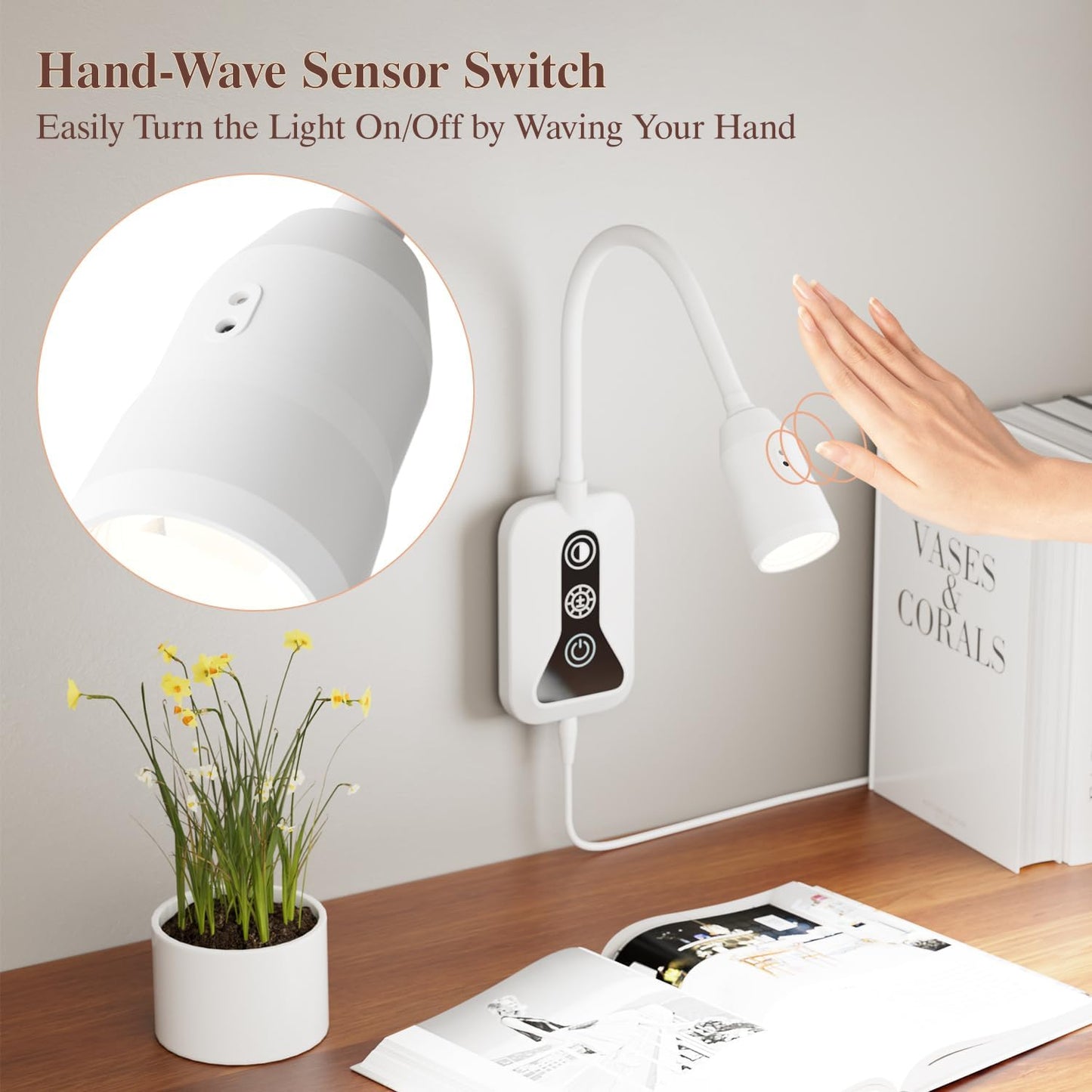 LED Wall Mounted Reading Light with Wave Sensor/Touch Switch, 5 Color & 5 Level Dimmable Touch Book Light for Reading with USB C Charging Port, Eye-Care Bedside Reading Lamp for Bed,Heaboard (White)