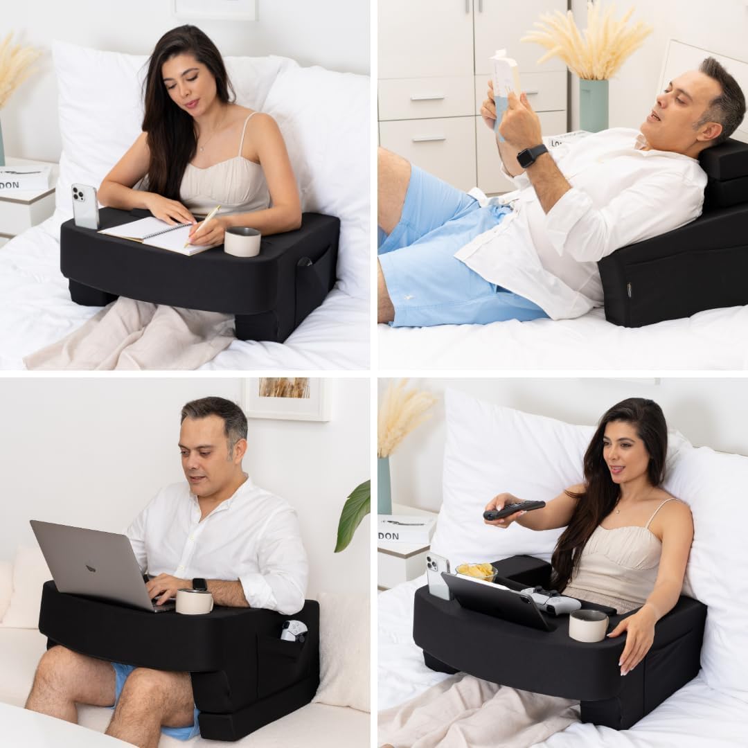 Reading Pillow for Gaming – Extra Large Lap Desk & Arm Rest with Cup & Phone Holder, Adjustable Heights, Laptop Support, Large Pockets – Comfortable for Work, Gaming & Crocheting (Black)