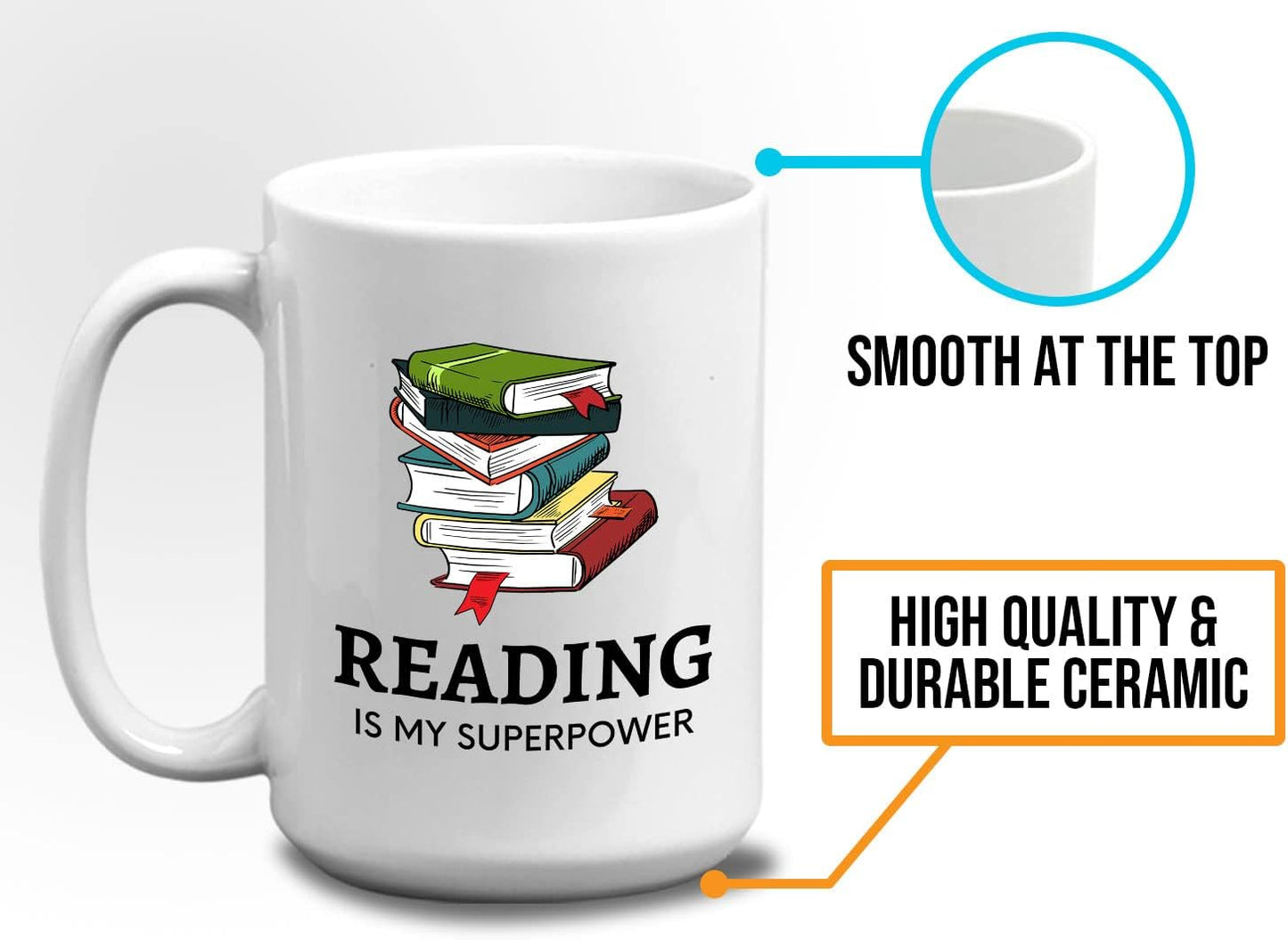 Bubble Hugs Book Lover Coffee Mug 15oz White - Reading Is My Superpower B - Reading Owl Reader Stack of Books Book Lover Bookish Novelist Librarian Writer