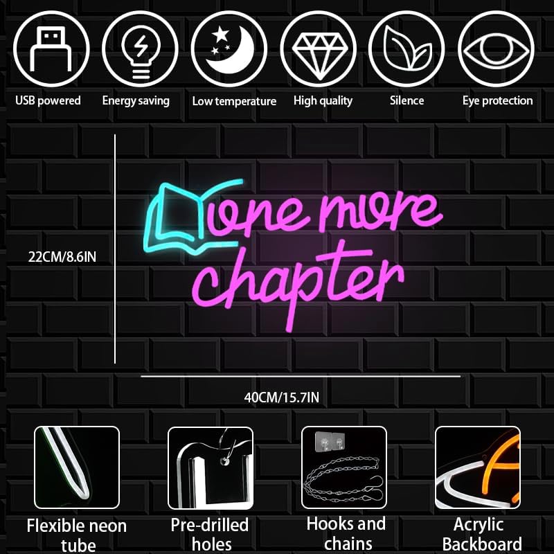 One More Chapter Neon Sign Read Book Neon Light for Wall Decor Dimmable Pink Letter Reading LED Neon Sign for Study,Library,Book Shop,Classroom Decoration