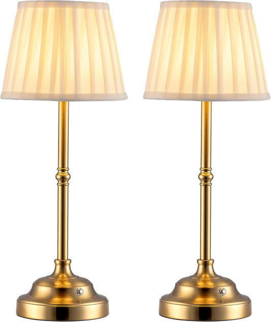 KDG Cordless LED Table Lamp Set of 2, Portables Fabric Shade Desk Lamps, 4000mAh Rechargeable Battery Powered Lighting, Dimmable Light for Dining Room, Bedroom, Bedside, Night Light, Balcony (Gold)