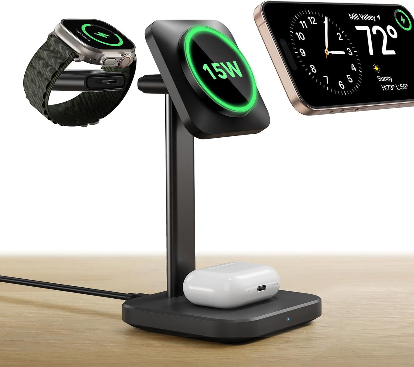 ESR for 3 in 1 Wireless Charging Station, Certified Apple Watch Charger, 15W MagSafe Charger Stand for iPhone, Wireless Charger for Multiple Devices iPhone 17/16/15/14/13, Watch, AirPods, Black