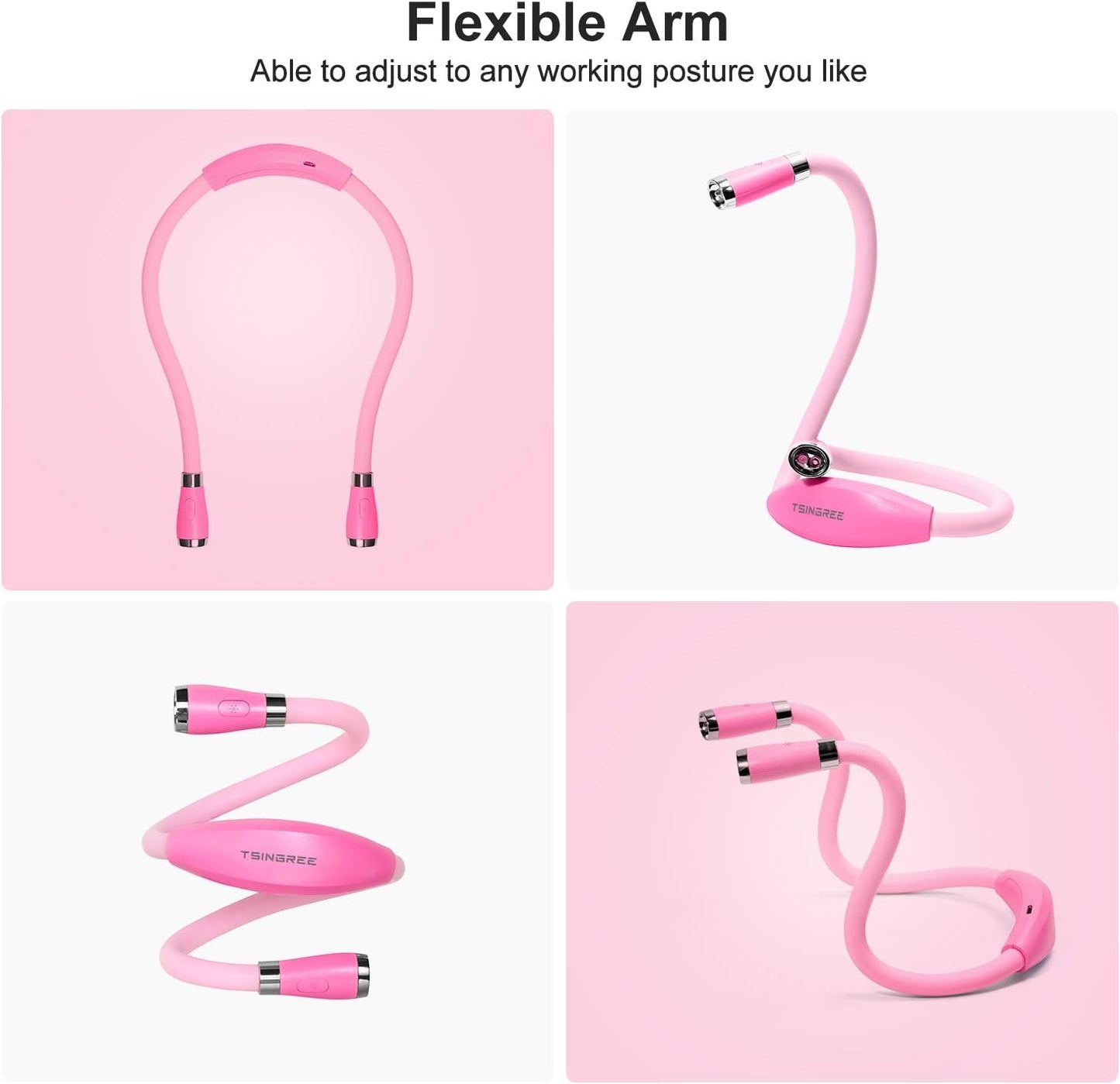 LED Neck Book Light, USB-C Rechargeable, Hands Free, 4 Super Bright LED Bulbs, 3 Adjustable Brightness, Best for Reading in Bed, Knitting, Walking, Jogging, Mending in Night (Pink)