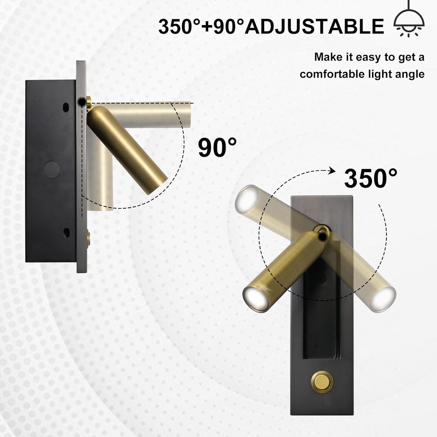 Set of 2 Led Headboard Wall Light, 350°Rotation Portable Plug in Wall Sconce Hardwired, Bedside Reading Light Recessed Push Switch, Hotel Bed Side Decor Wall Sconces Spotlight (Brushed Brass)