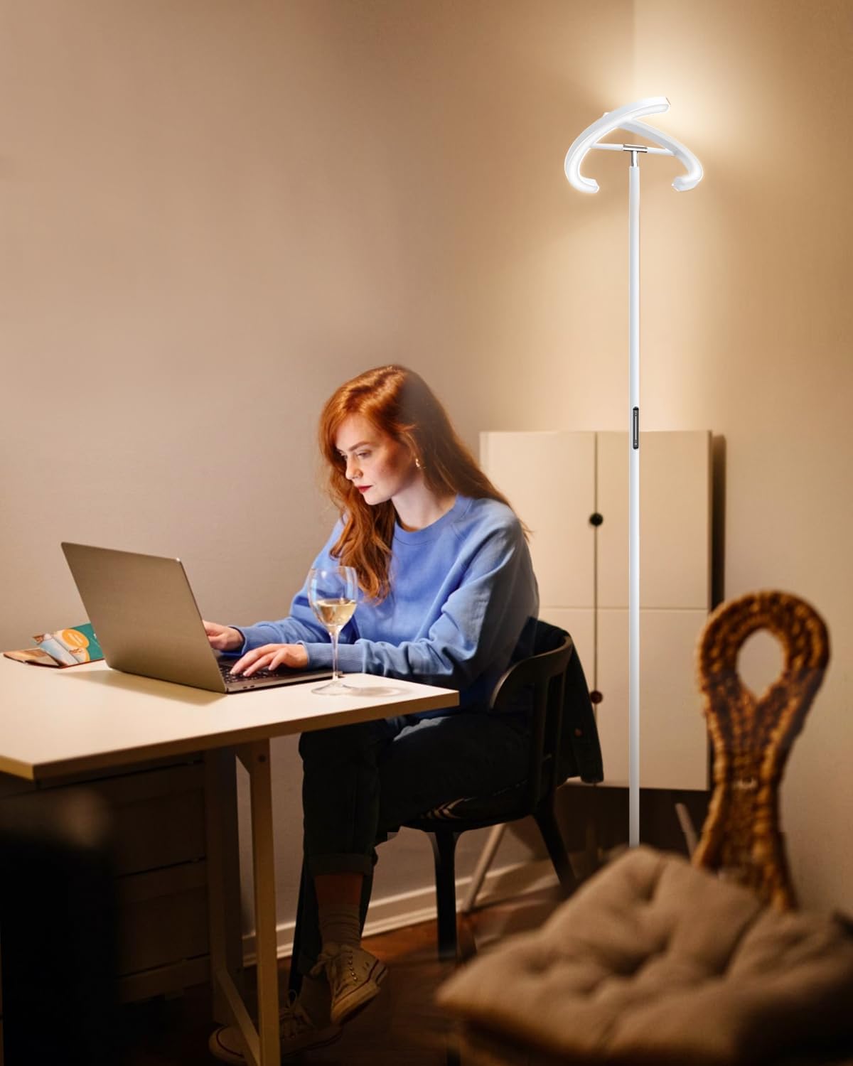 White Floor Lamp, Modern Stepless Dimmable Standing Lamp 3000-6000K, 20W LED Rotatable Reading Tall Lamp, Touch & Remote Control Uplighter Floor Lamps for Living Room Bedroom Office