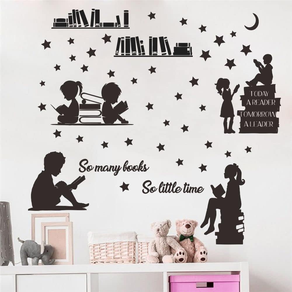 Kids Reading Wall Decal - Today a Reader Tomorrow a Leader Inspirational Quote Sticker - Removable PVC Vinyl for Playroom, Bedroom, Home Library - 31"x34" JWH202 (Black)