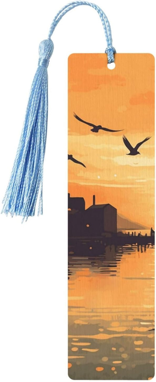 Lake View Illustration Bookmarks Gifts for Women Men, Wooden Bookmarks for Book Lovers, Vintage Book Marks Ornaments with Tassel, Unique Personalized Reading Page Markers Sky Blue