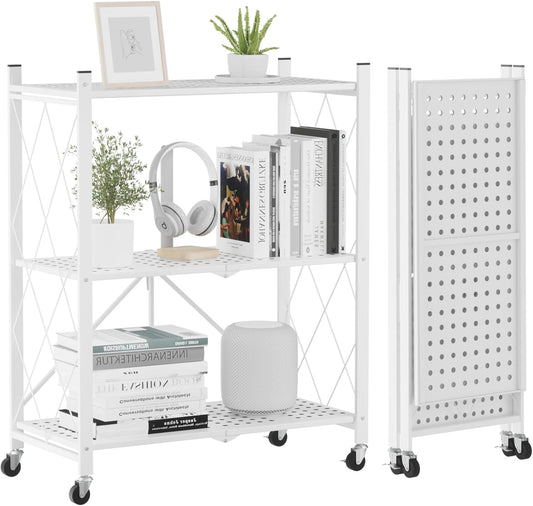 ALANNG Storage Shelves with Wheels, Bookshelf with Storage, No Assembly Metal Rack Cart for Kitchen, Office, Laundry, Garage (3 Tier, White)