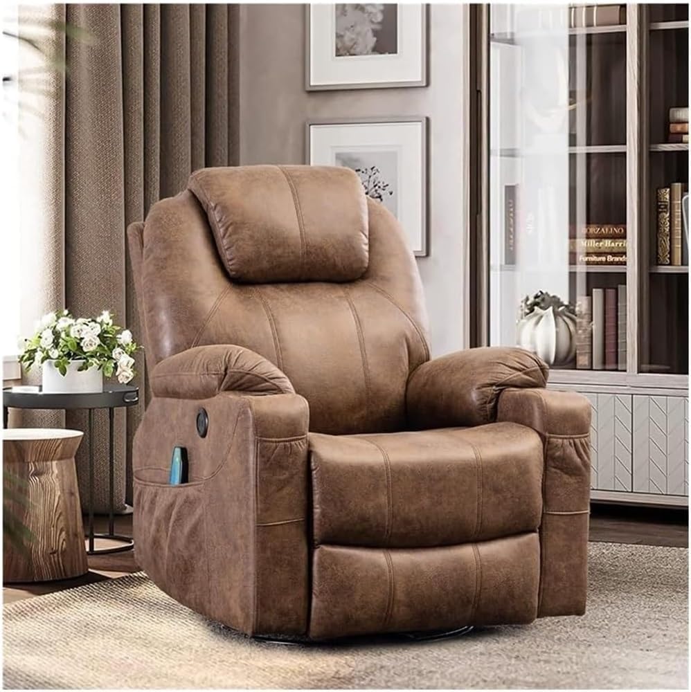 Brown Electric Recliner Chair for Adults & Seniors with Heated Massage, Swivel Glider, Ergonomic Oversized Home Theater Sofa, USB Ports, Cup Holders, and Comfortable Living Room Seat