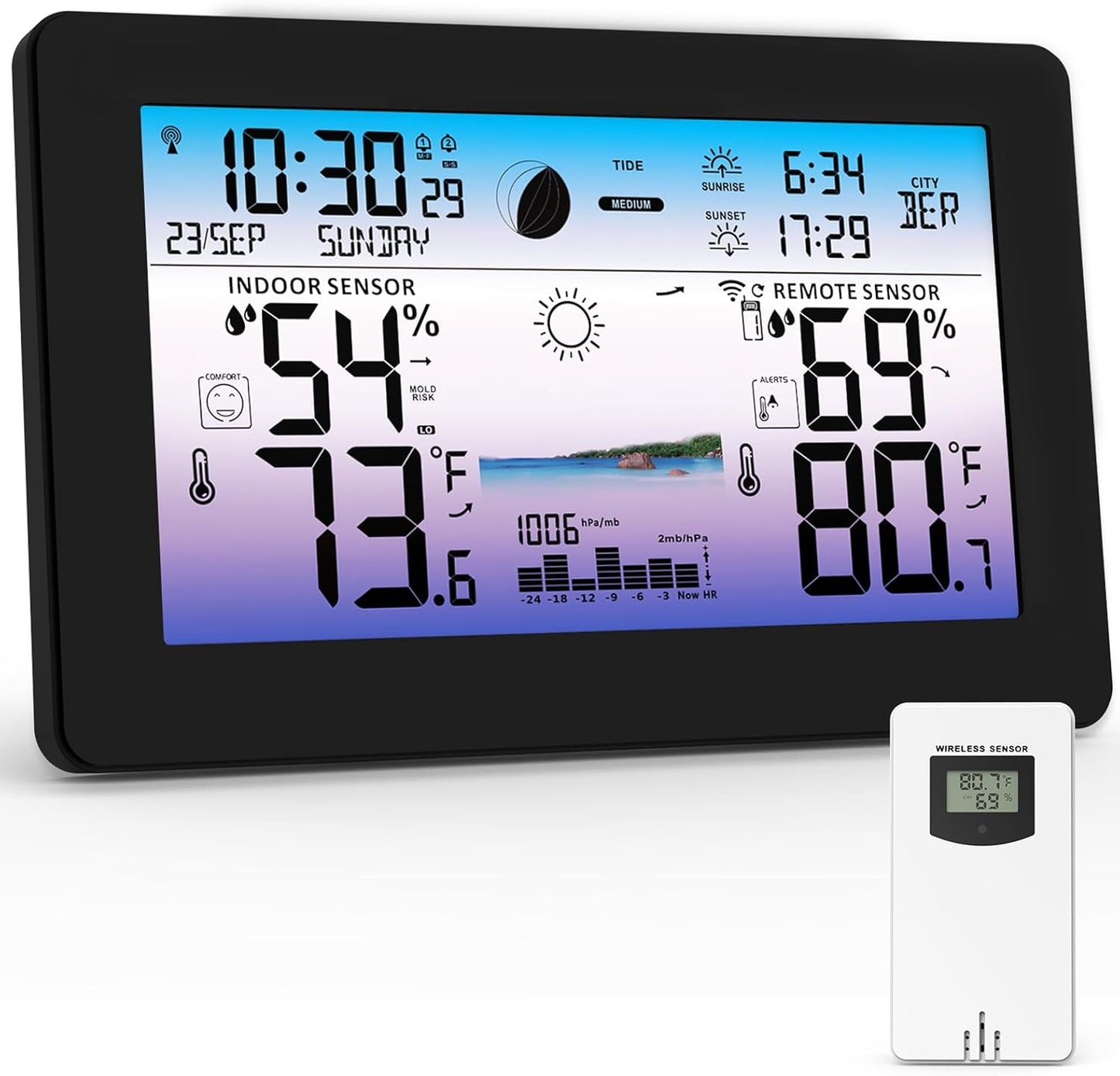 Weather Station Wireless Indoor Outdoor, Digital Thermometer for Home, Large Color HD Display with Remote Sensor, Weather Forecast, Atomic Clock, Moon Phase
