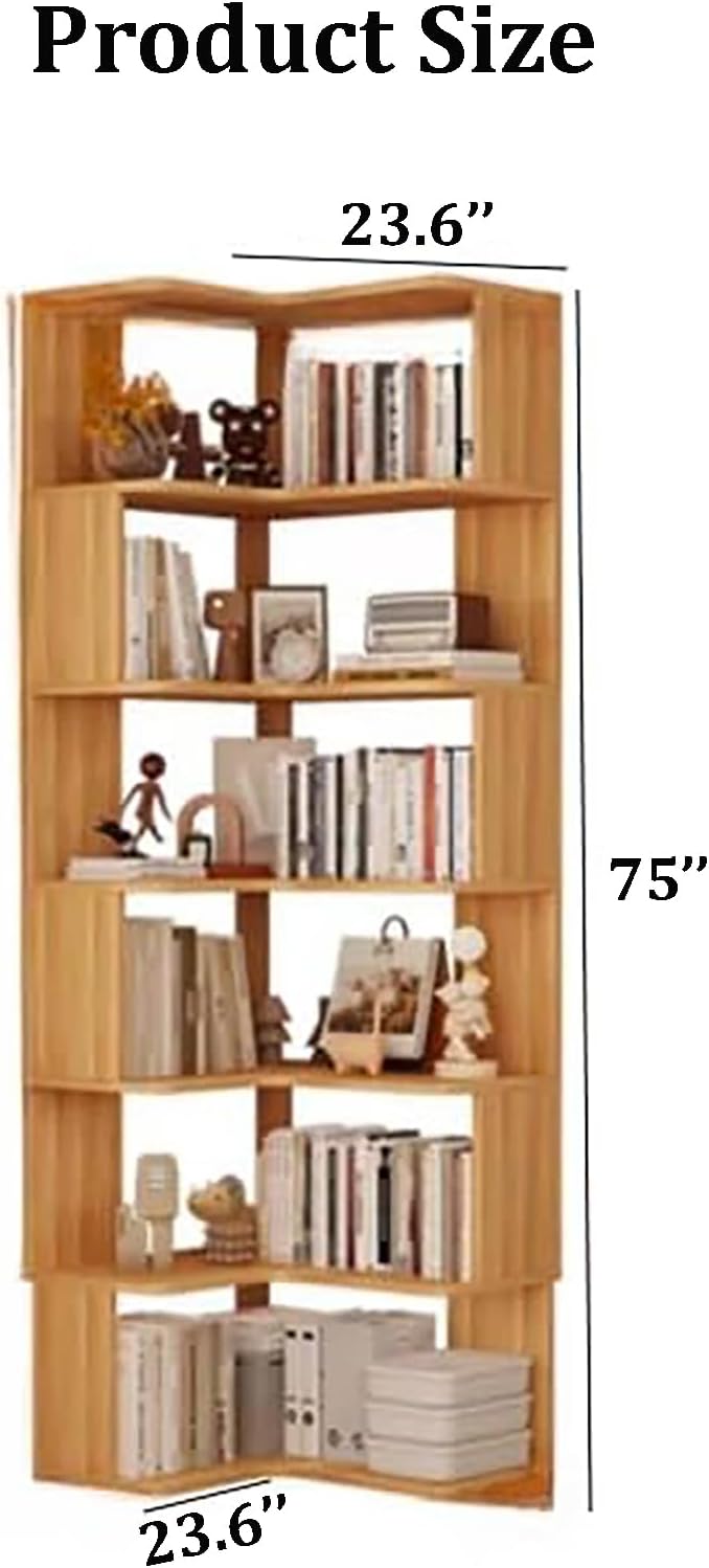 6-Tier Modern Corner Bookshelf, Tall L-Shaped Bookcase with Anti-Drop Panel, Freestanding Etagere Shelf for Home Office & Living Room Storage Organizer
