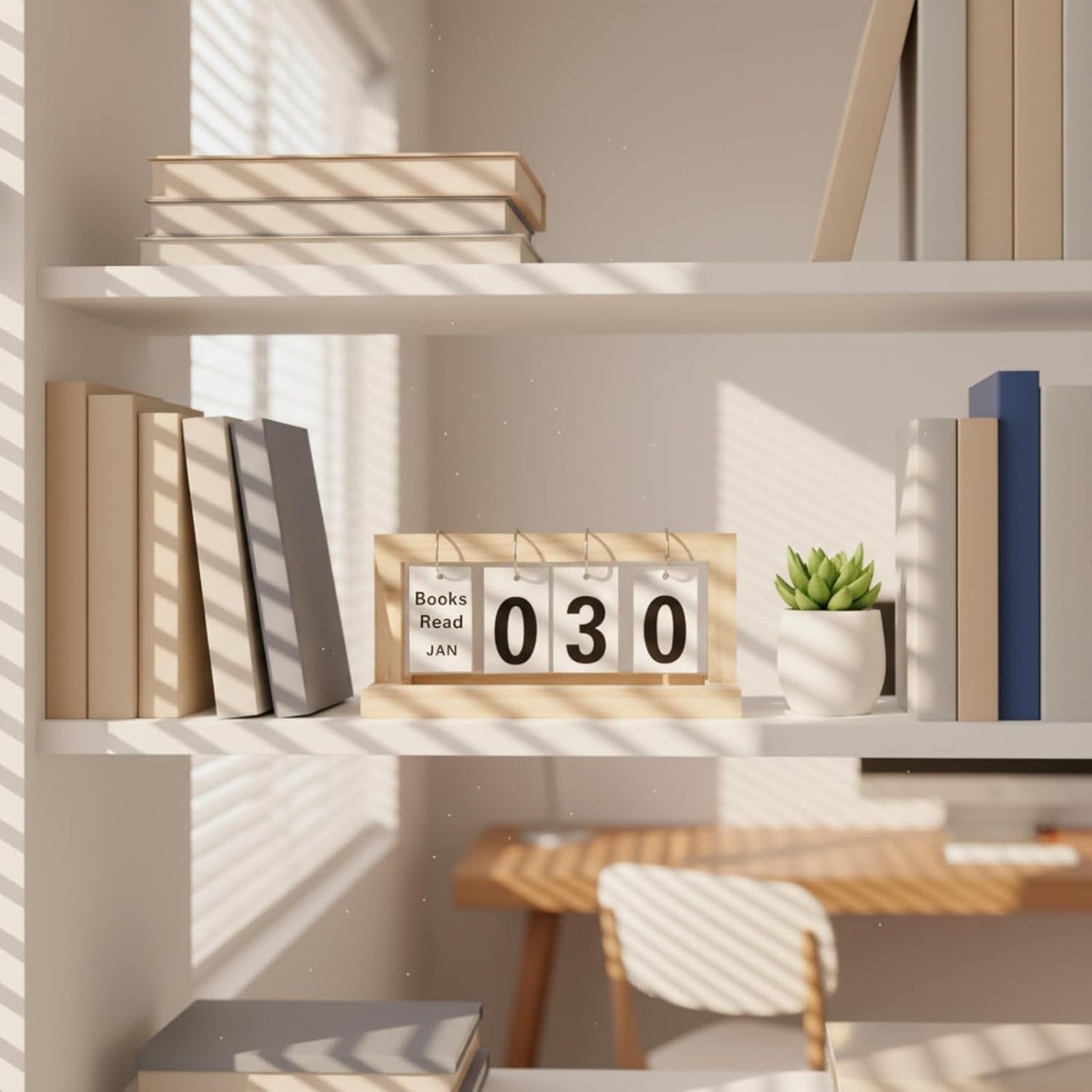 Wooden Books Read This Year Counter Tracker, Modern Style Library Decor Sign, Tabletop Display Stand This Month, Book Lover Gift for Librarian, Reader, Teacher, Women (Nature Wood)
