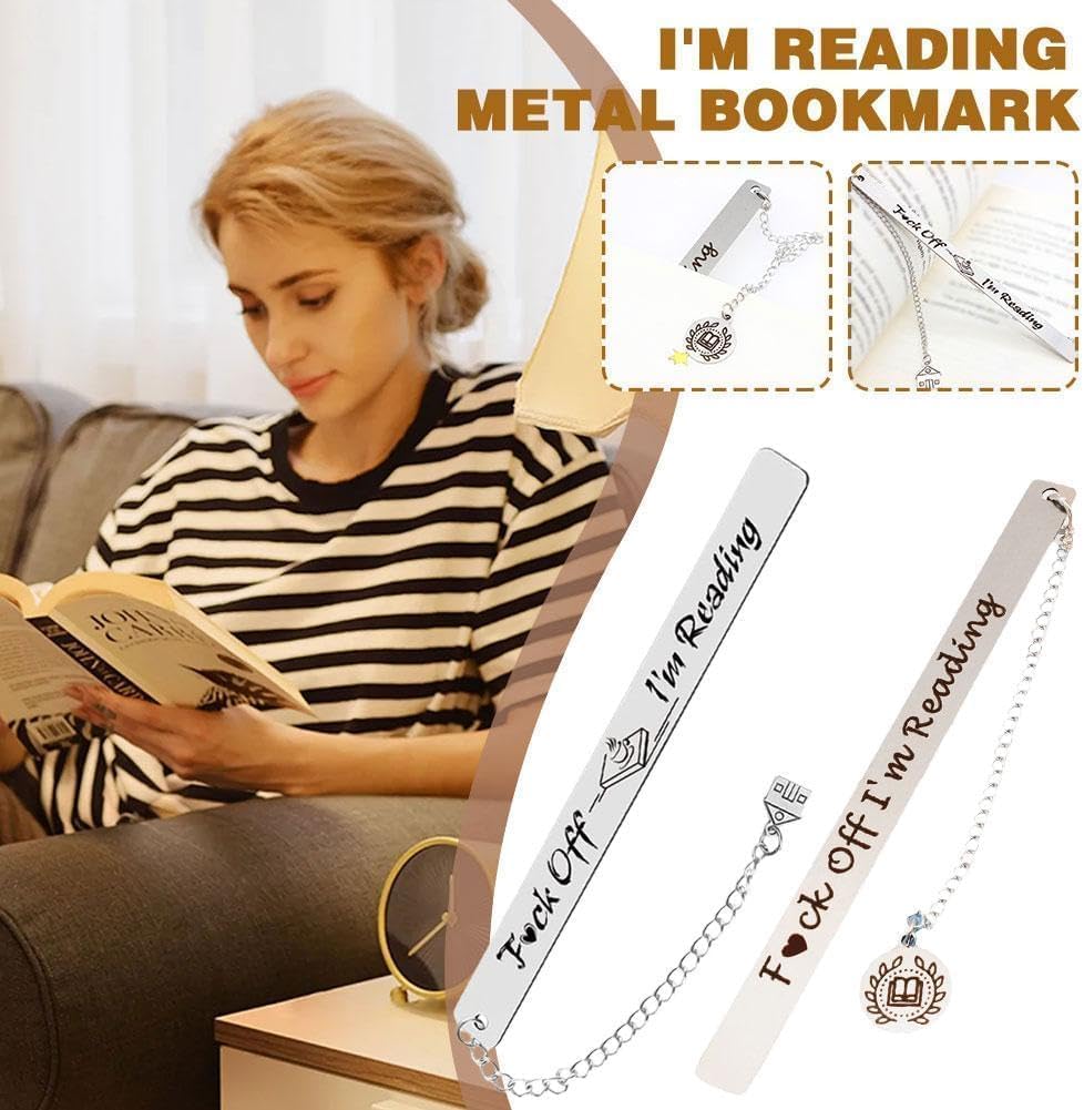 Stainless Steel Leaf Pendant Book Mark,Funny Inspirational Bookmark for Book Lovers Reader Gifts,2024 New Metal Bookmark Gift,Engraved Fuck Off Mark,Book Covers and Book Accessories (Silver)