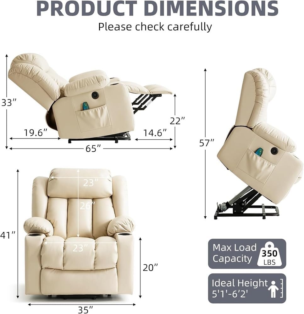 Electric Power Lift Recliner Chair with Heat and Massage for Elderly Adults Extended Footrest USB Ports Side Pockets Ergonomic Living Room Sofa Furniture