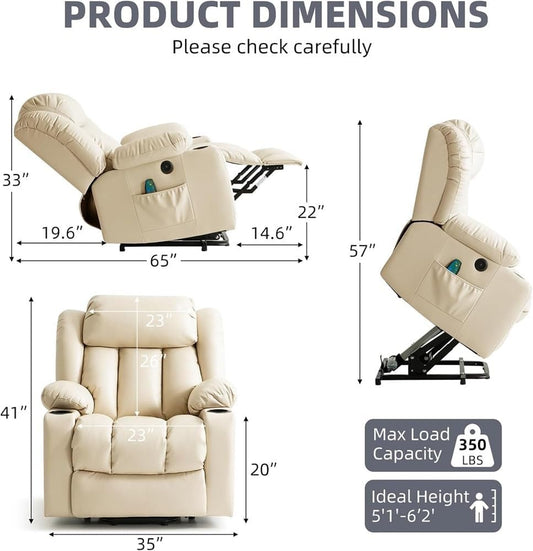 Comfortable Power Lift Recliner Chair for Adults with Massage and Heat, Heavy Duty PU Leather Upholstery, Remote Control, USB Charging Ports, Cup Holders and Side Pockets