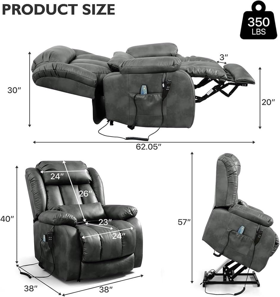 Extra Large Dual Motor Power Lift Recliner Chair for Elderly with Infinite Position Lay Flat Heated Massage Breathable Leather USB Ports Remote Control Reclining Sofa