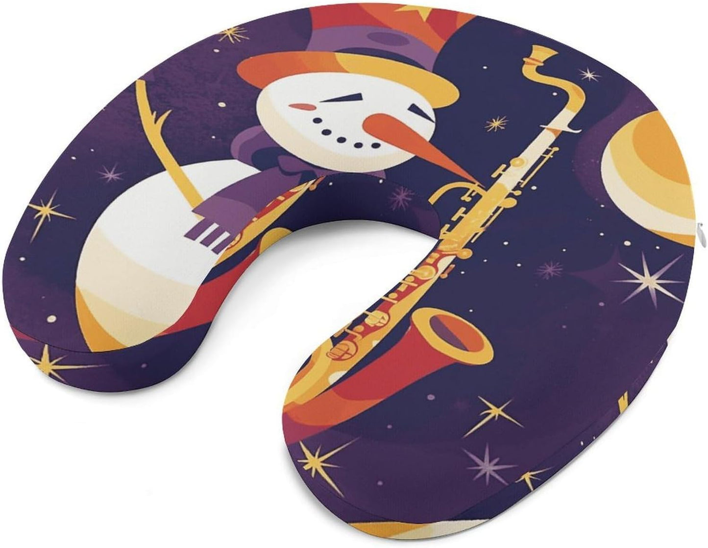 Snowman Plays Saxophone Neck Pillow Memory Foam U Shaped Pillows Portable Pillows for Shoulder Travel Head Support Pillow with Concealed Zipper for Airplane Car Home Office