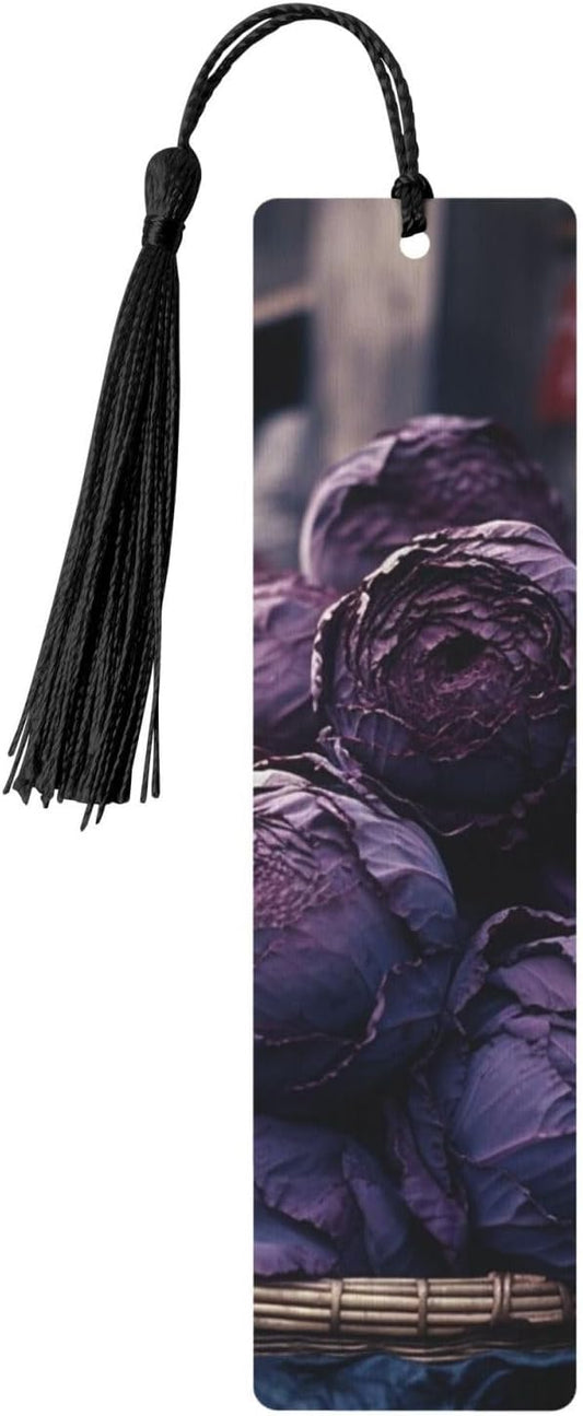Purple Cabbage Bookmarks Gifts for Women Men, Wooden Bookmarks for Book Lovers, Vintage Book Marks Ornaments with Tassel, Unique Personalized Reading Page Markers Black