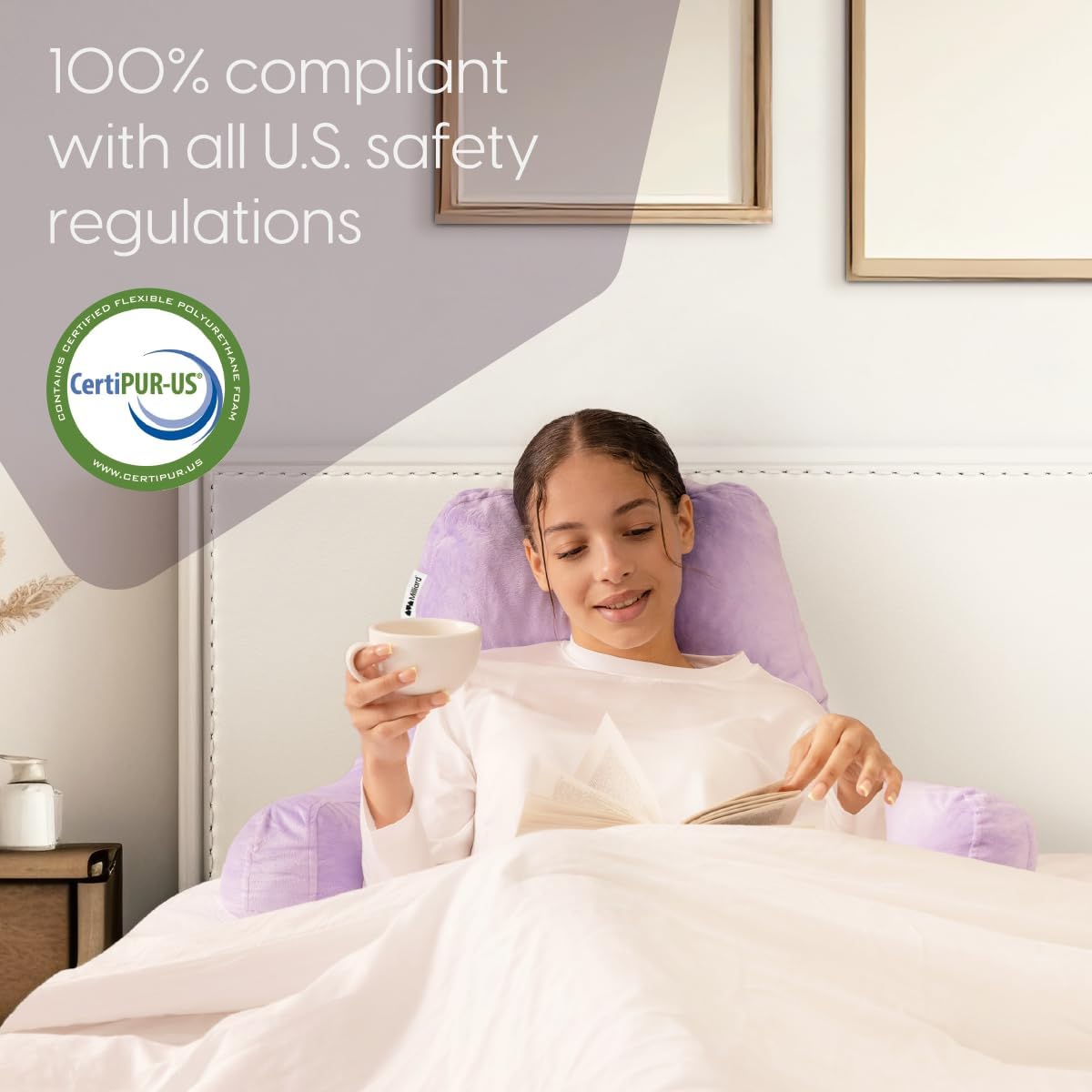 Milliard Reading Pillow with Arms, Lavender, Cozy Shredded Memory Foam Back Pillow for Bed Sitting Up - Sit Up Backrest Support for Reading & Rest Bed - Washable Cover, Adjustable Comfort, CertiPUR