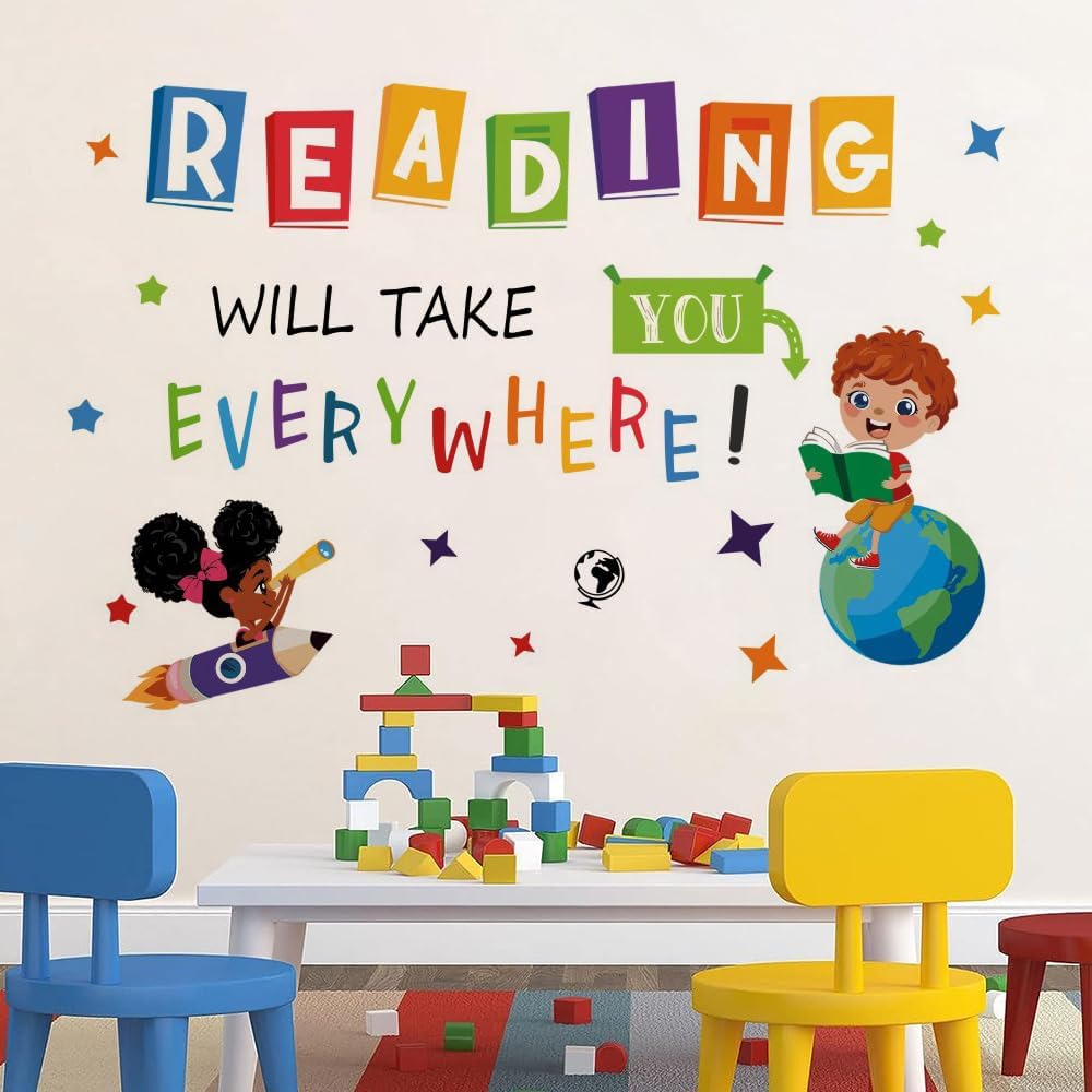 Reading Will Take You Everywhere Inspirational Quote Wall Decal Sticker, Motivational Phrase Classroom Bedroom Playroom Art, Library Positive Saying Decor Gift