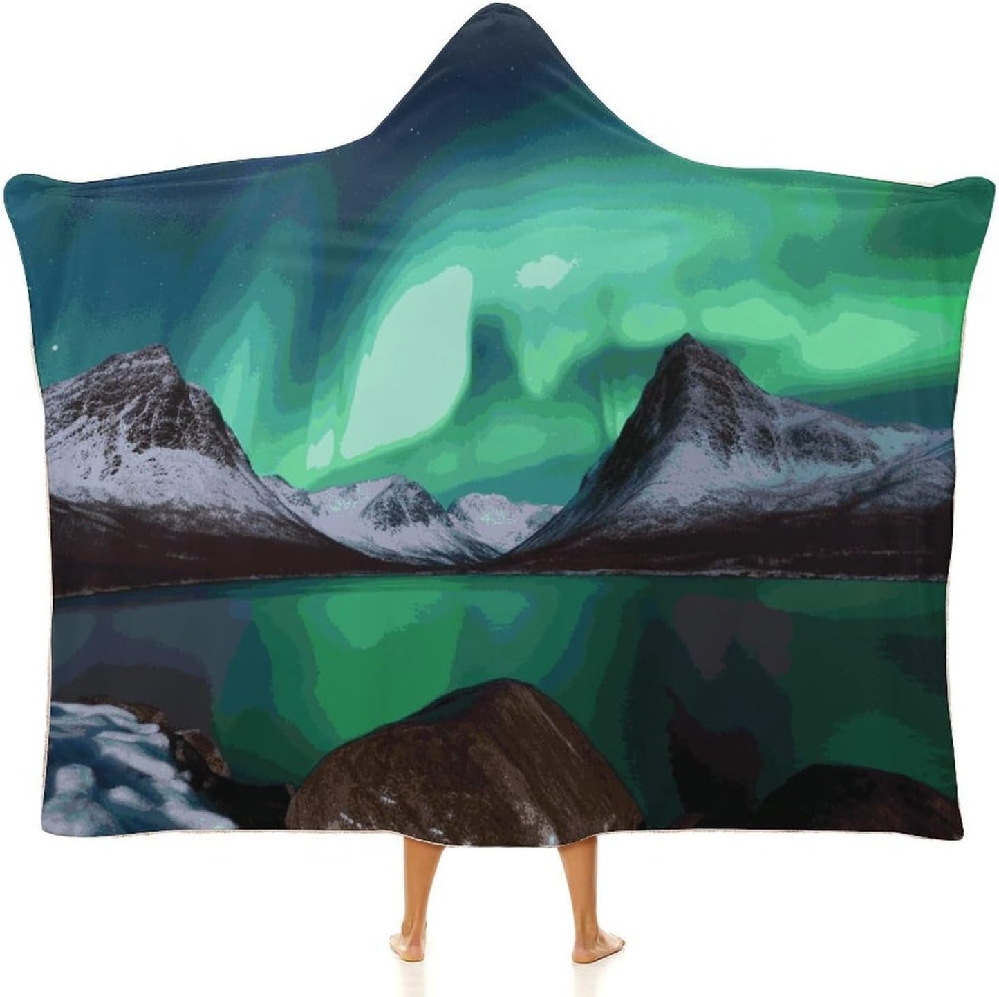 Fleece Wearable Blanket Hoodie Hands-Free Warm Cozy Oversized Aurora Borealis Blanket for Working Lounging