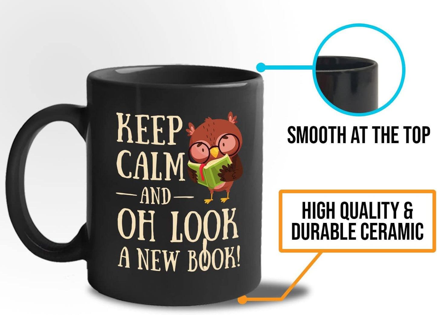 Bubble Hugs Book Lover Coffee Mug 11oz Black - Keep Calm and Oh New Book - Reading Owl Reader Stack of Books Lover Bookish Novelist Librarian Writer