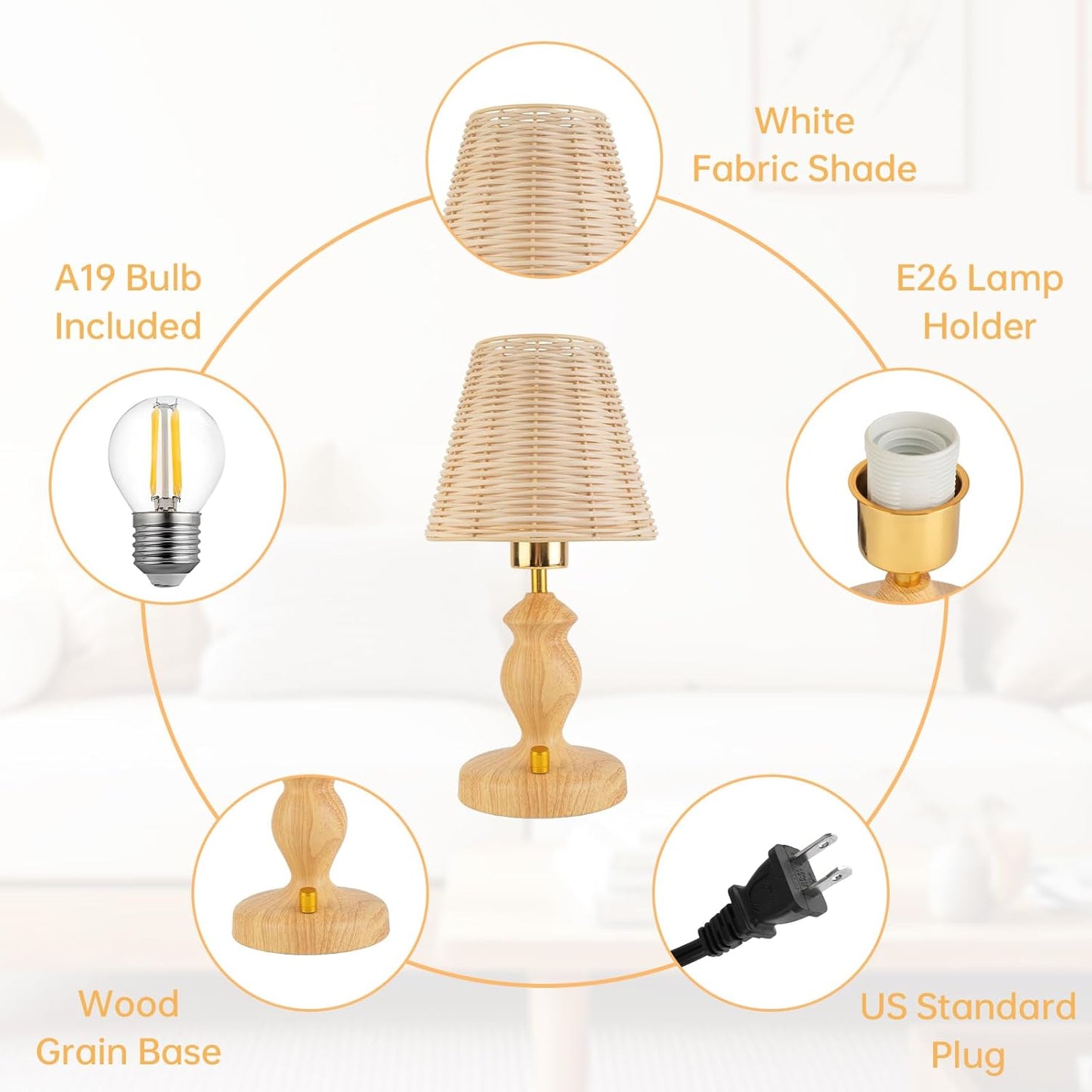 Rattan Table Lamp with Knob Switch, Seamless Dimming Bedside Lamp Wood Base, Small Nightstand Lamp for Bedroom, E26 Bulb Included