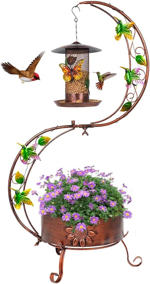 DREAMSOUL Metal Bird Feeder Stand with Flower Planter Pedestal, 35.4 Inch Tall Planter Vintage Bird Feeders for Outdoors Garden Patio Decor