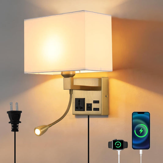 Wall Lamp for Bedroom Living Room Office Hotel, Plug in Wall Sconce with AC Outlet & USB Charging Port, Wall Mount Reading Light 360°Adjustable, Gold Headboard Lamp With 3 Color Temperature